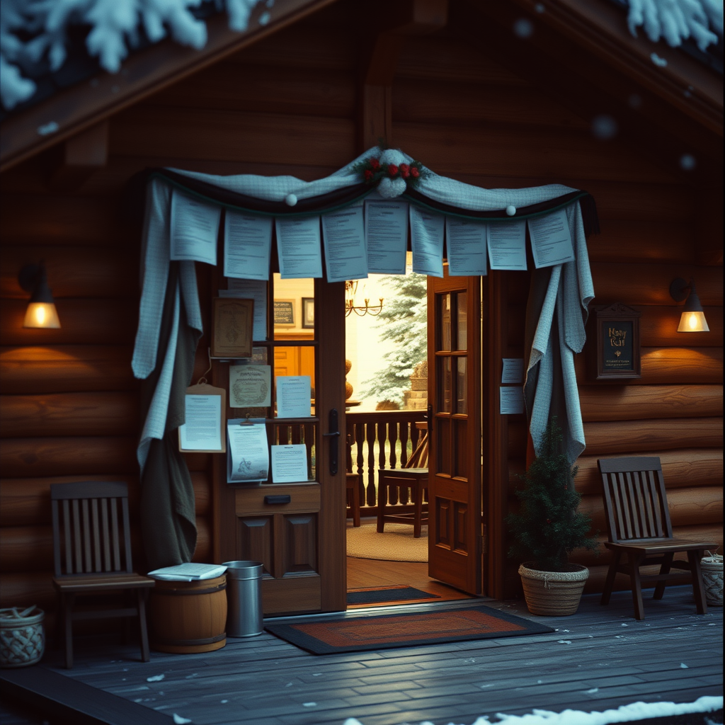 a cozy chalet with paperwork and a welcoming entrance, set in a natural background